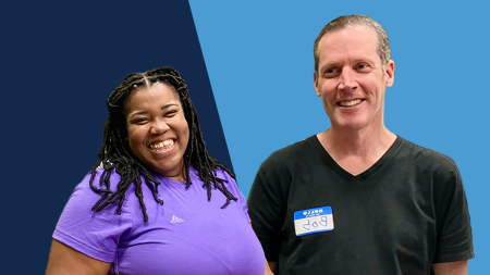 Headshots of Samantha Carter-Palmer and Bob Goldstein against a Carolina blue and dark blue background.